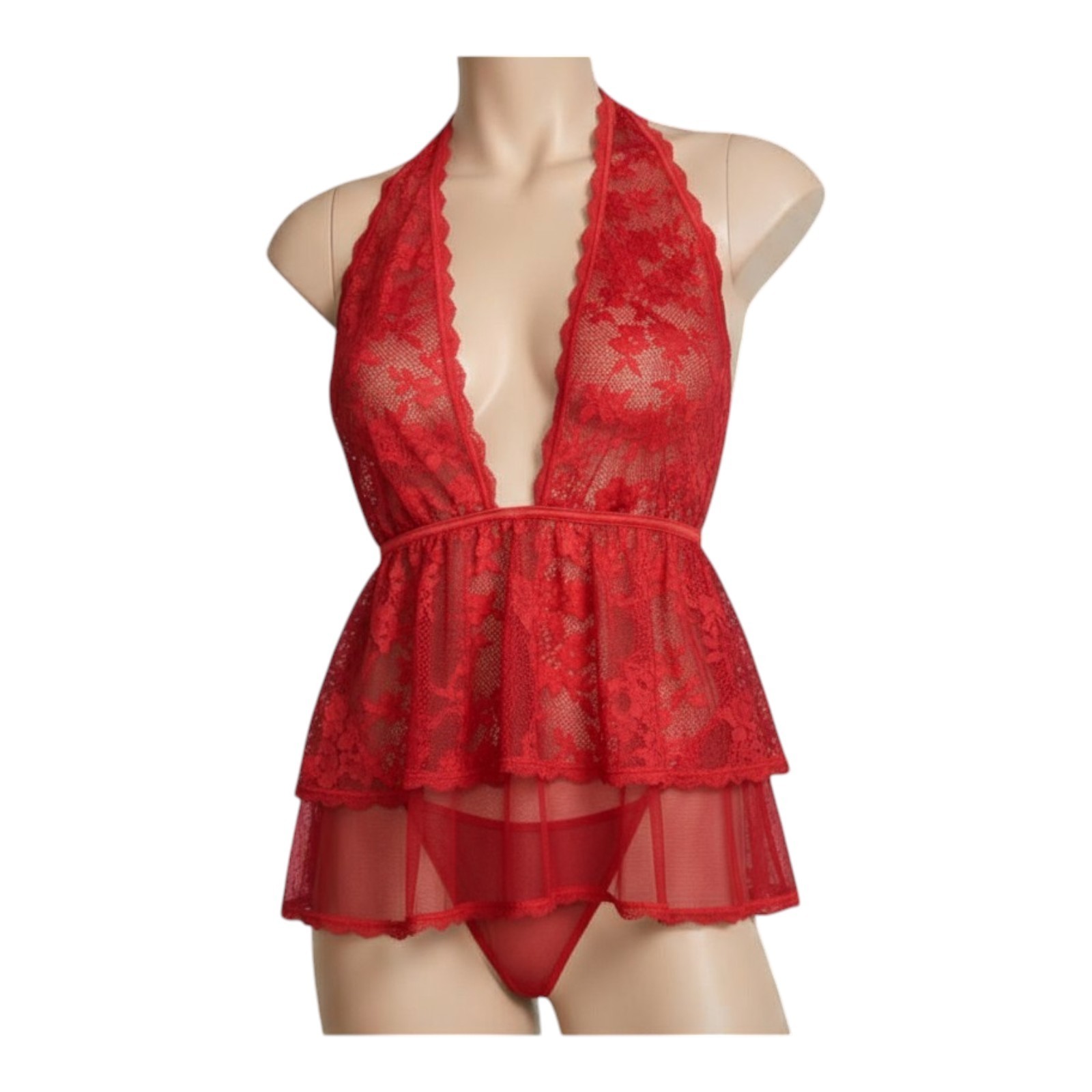 Victoria’s Secret Lace Tulle Plunge Babydoll Set | Bright Vermillion Red