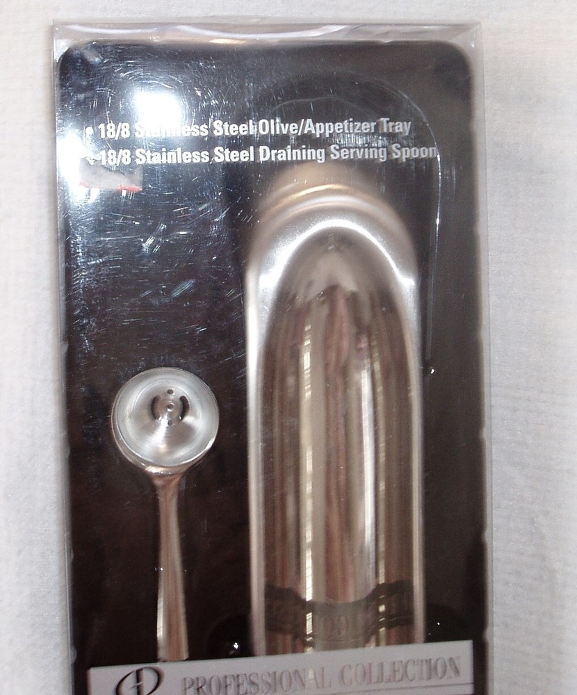 NIB STAINLESS STEEL OLIVE / APPETIZER TRAY & DRAINING SERVING SPOON SET