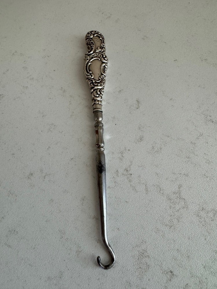 Antique Sterling Silver Handle Button Hook w/ Scrolling Decoration