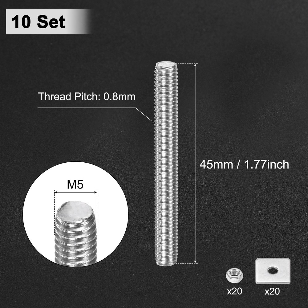 10-Set Fully Threaded Rod, M5x45mm Right Hand Thread Bar Studs with Nuts