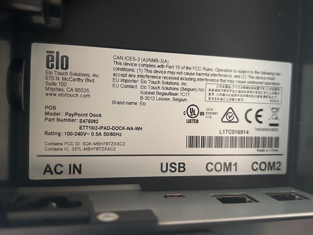 Elo E475092 PayPoint Plus POS 2D Barcode Scanner with 5th Gen iPad