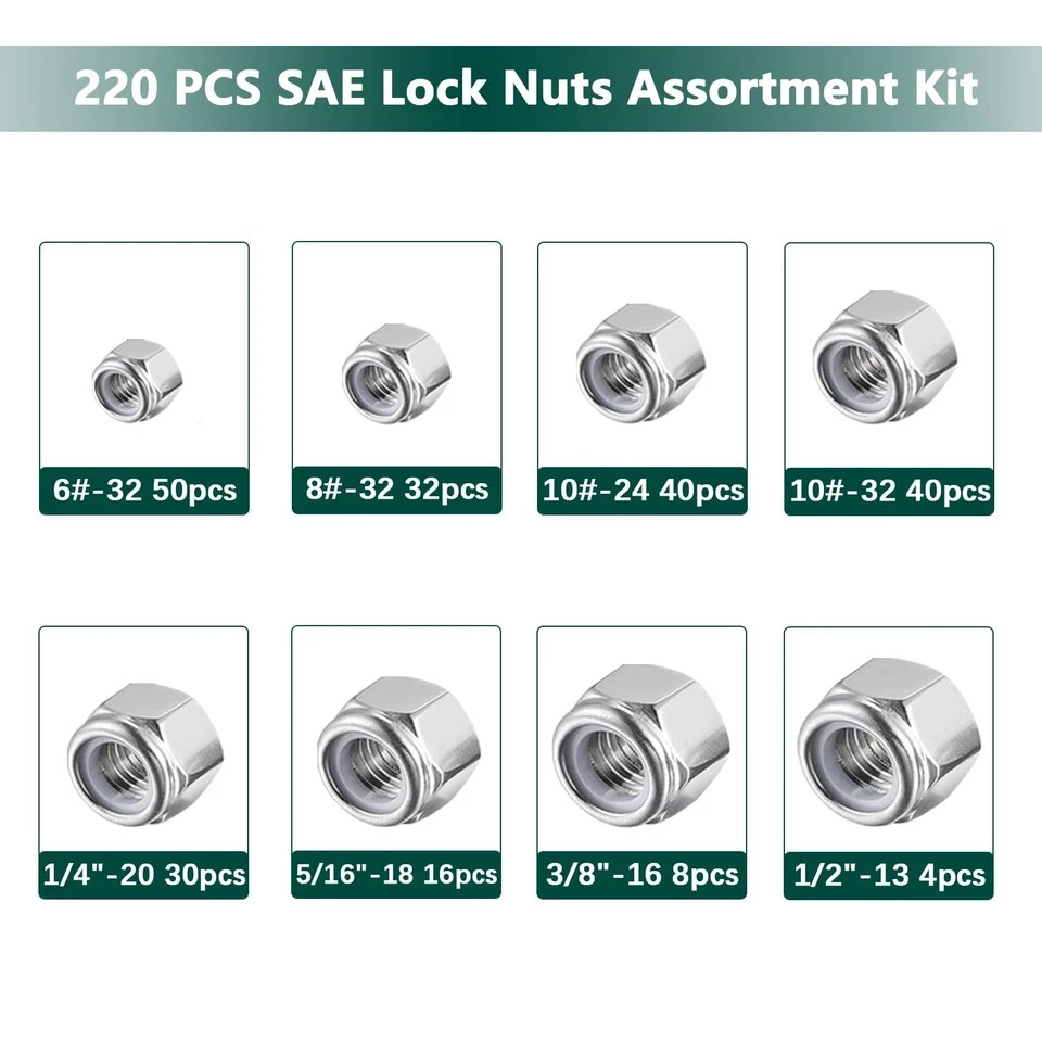 SAE Lock Nuts Assortment Kit, 220PCS Nylon Insert Nut Sets, 304 Stainless Ste...