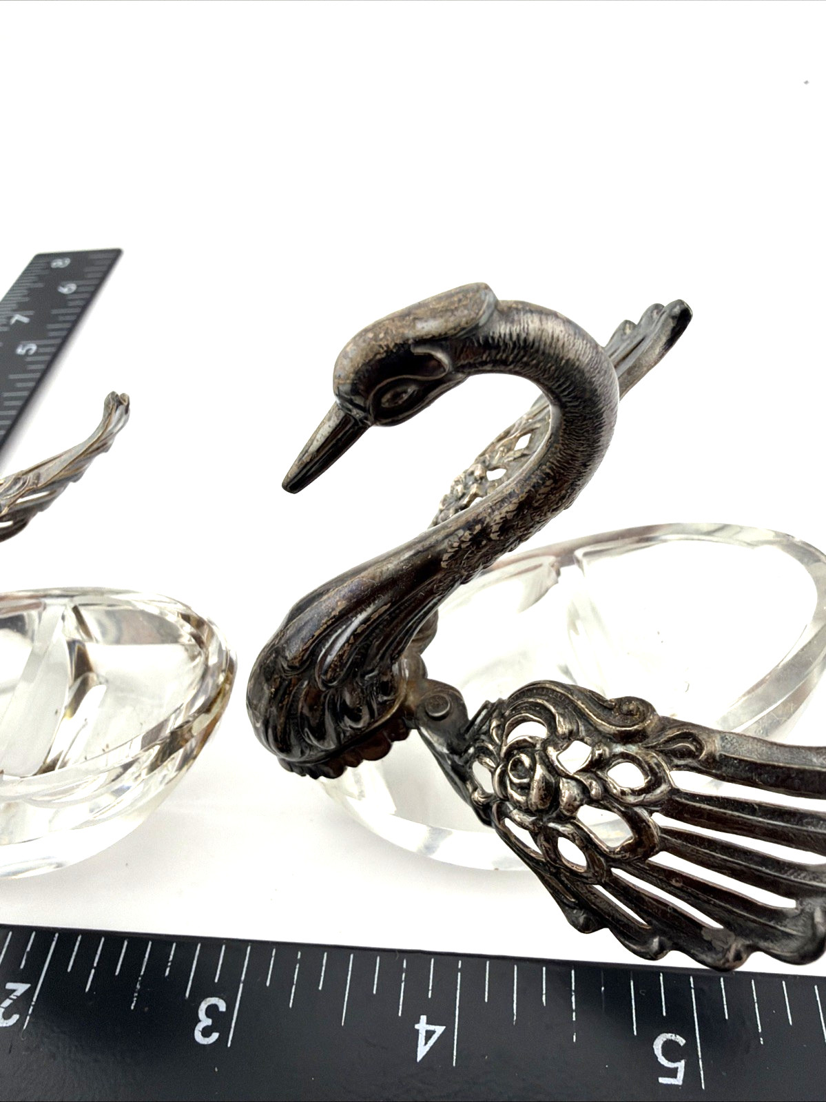 Pair Vintage Sterling Silver and Glass Table Salt Swans R Sterling West Germany