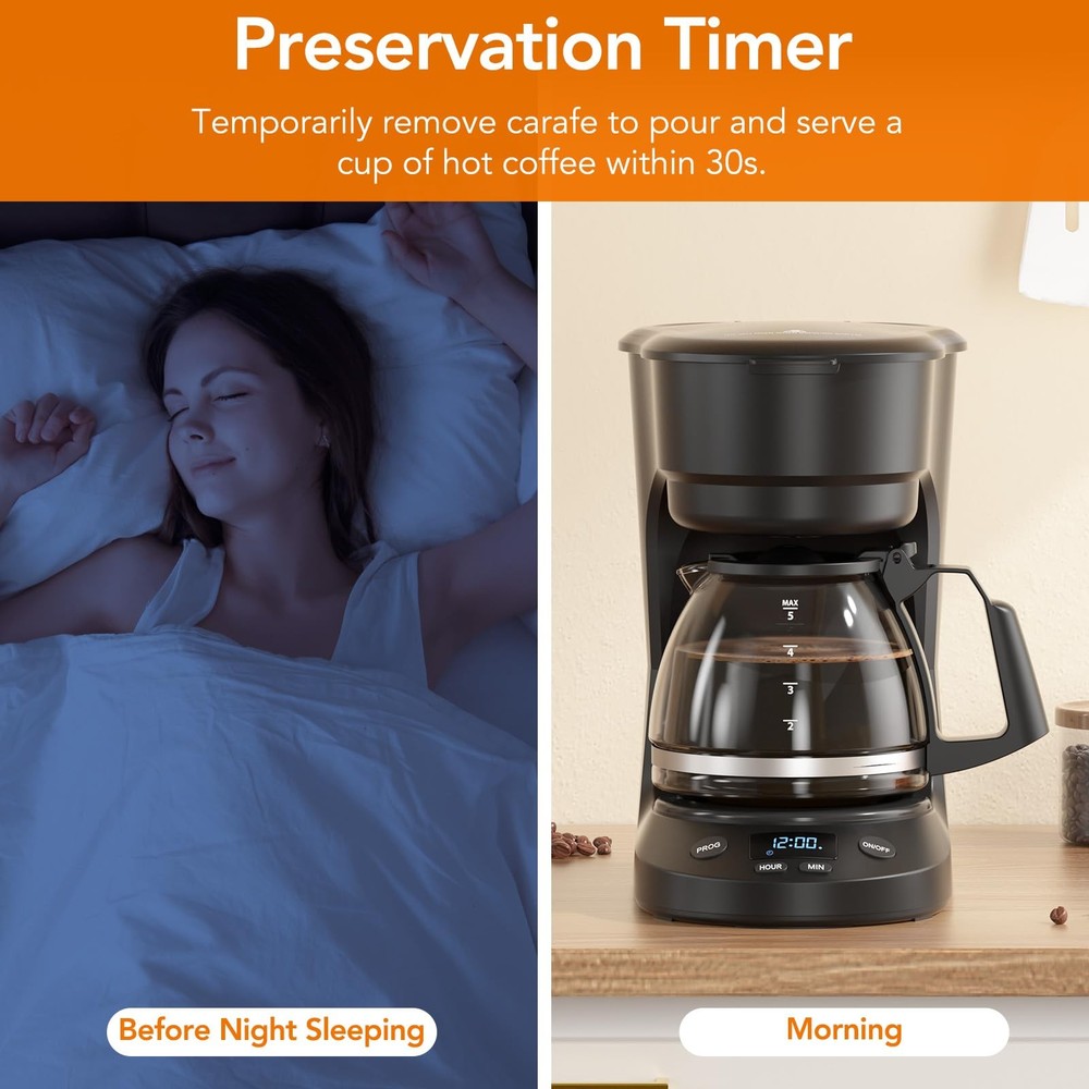 5-Cup Drip Coffee Maker, a compact coffee machine with a digital clock and 24...