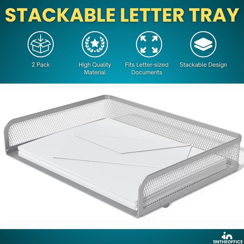 Stackable Side Load Letter Tray, Silver Wire Metal Mesh Paper Tray Organizer,...