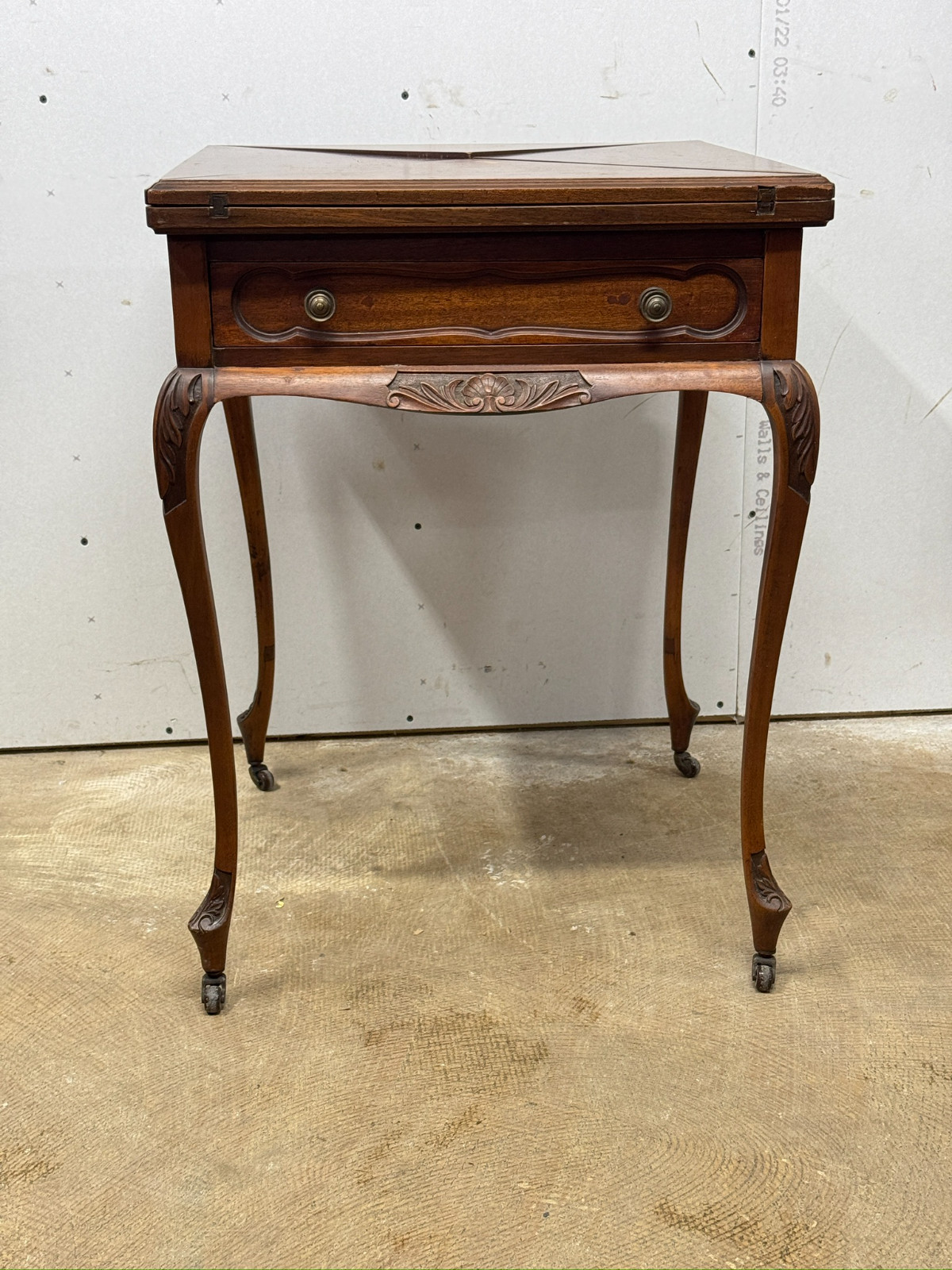 antique french walnut game table handkerchief carved stand card 1800s