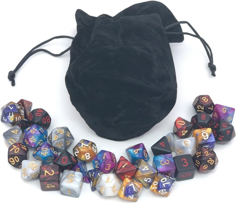 Assorted Polyhedral Dice Set with Black Drawstring Bag, 5 Complete Dice Sets ...
