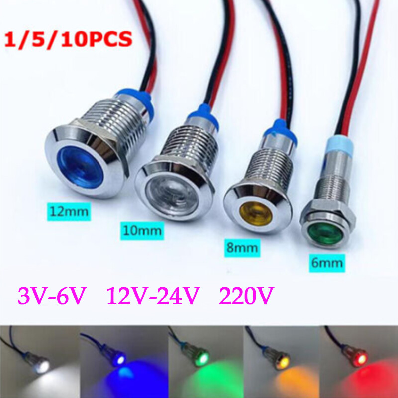 6mm 8mm 10mm 12mm LED Metal Waterproof Pilot Panel Indicator Light 3V-220V AC/DC