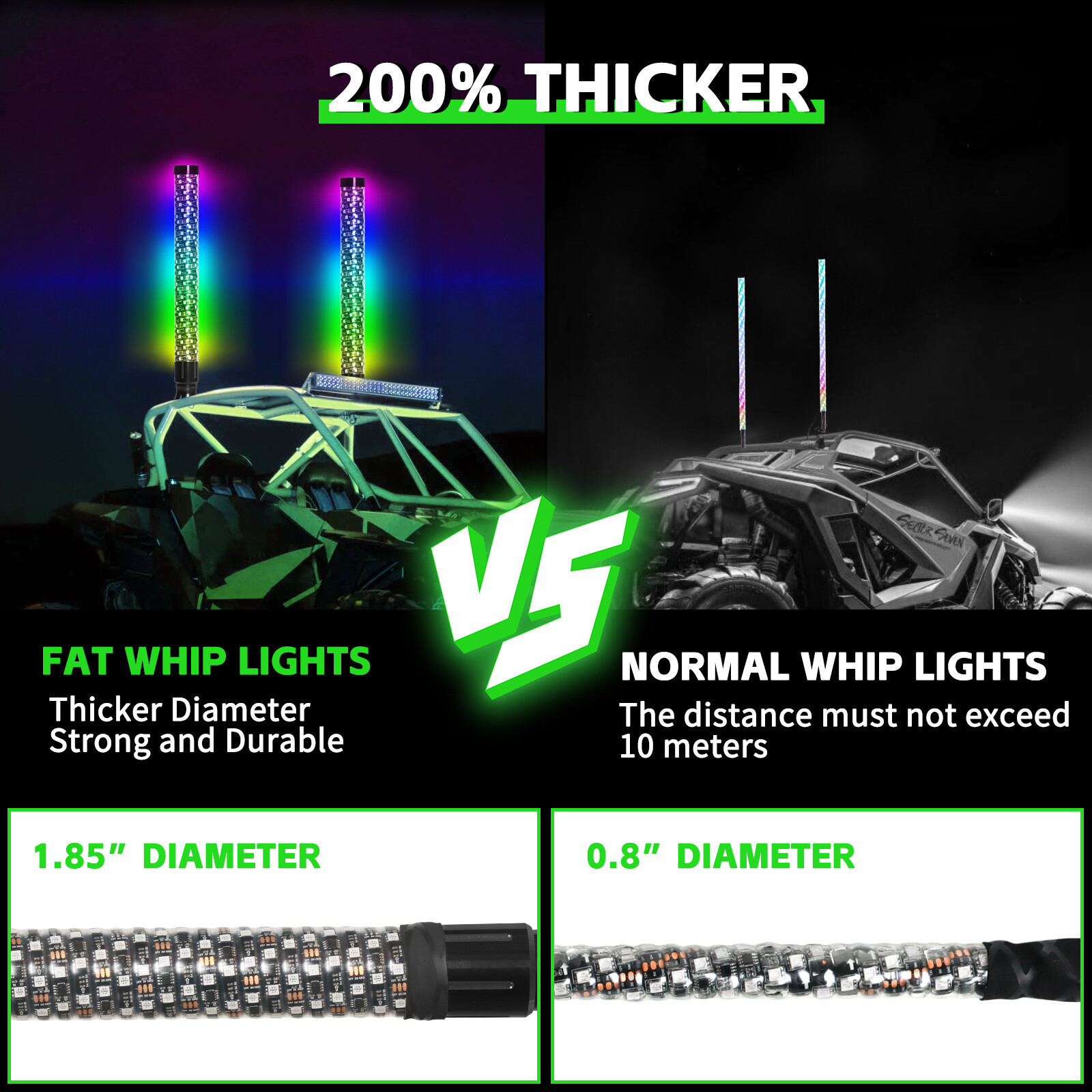 2PCS 2FT Spiral LED Fat Whip Light Antenna RGB Chasing For Can-am X3 RZR UTV ATV