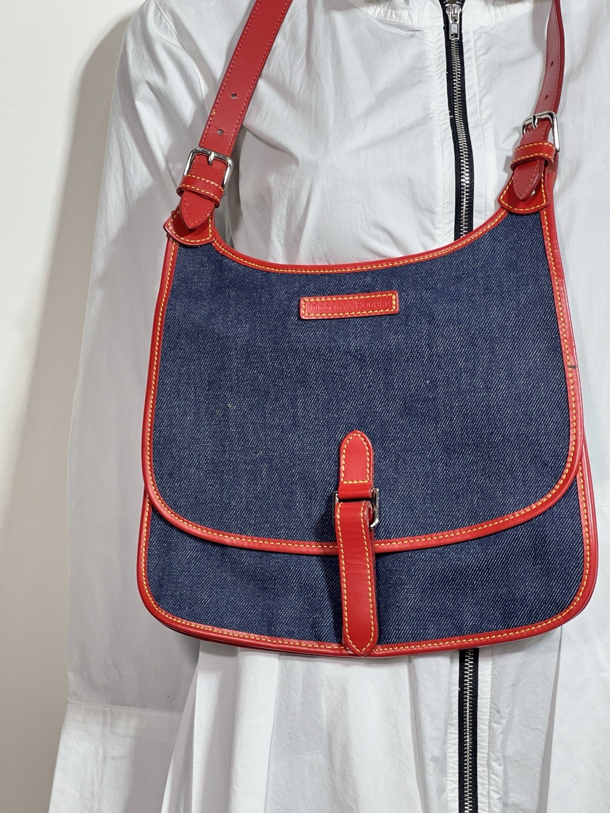 Vintage Dooney & Bourke Blue Denim Saddle Bag Red Leather Trim Messenger Handbag