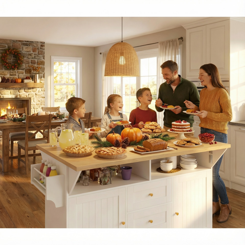 Kitchen Island w/ Power Outlet Wheels, Extendable Dining Table Storage White