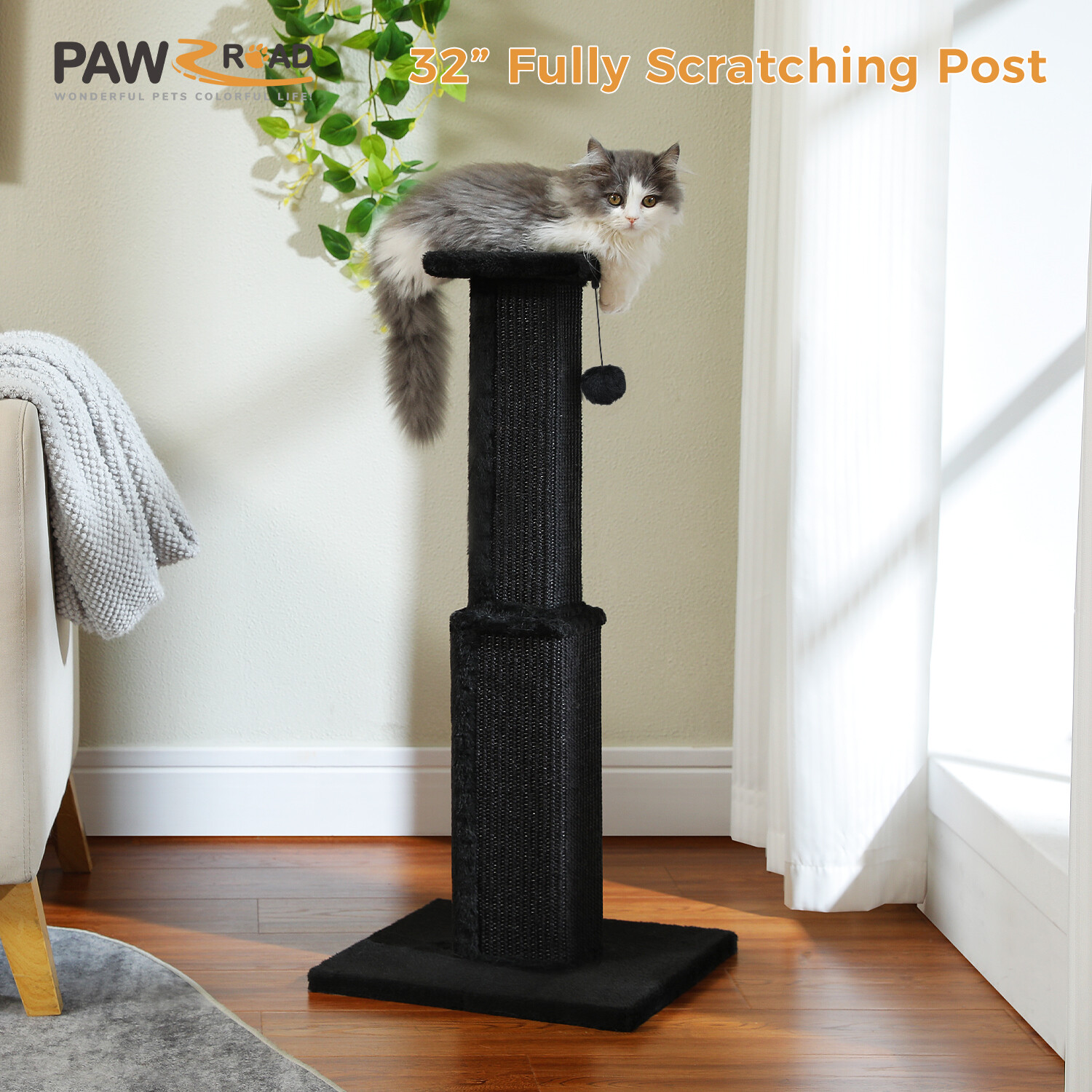 PAWZ Road 32" Large Ultimate Cat Scratching Post with Woven Sisal Base Ball Toys