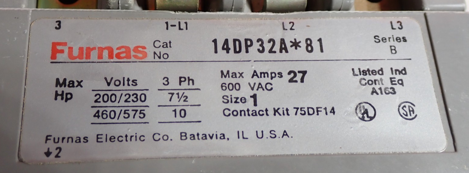 Furnas 14DP32A*81 Size 1 Starter 27 Amp 600VAC w/ 75D73070A Coil TESTED S933