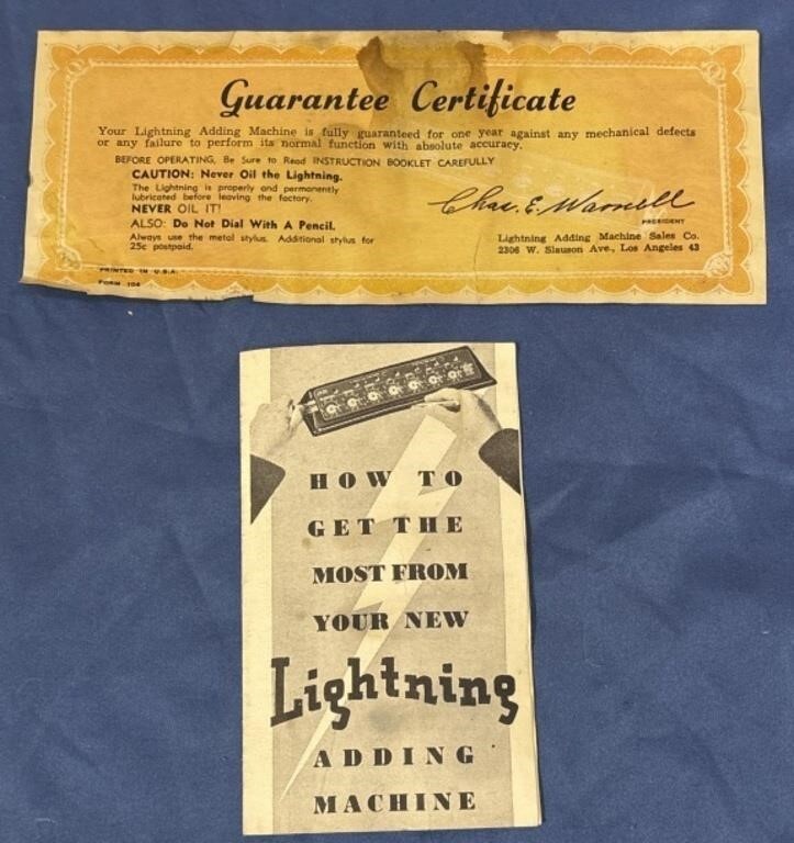 Antique / Vintage Lightning Adding Machine w/ Puarantee, Instructions, and Box