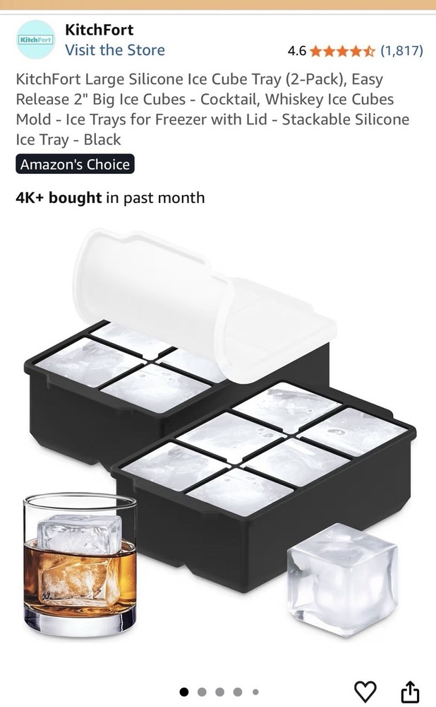 KitchFort Large Silicone Ice Cube Tray 2-Pack Black Stackable Easy Release