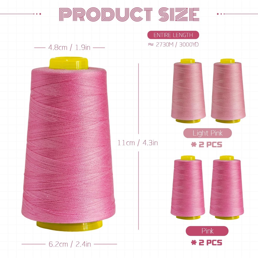 All Purpose Polyester Sewing Thread 4 Pack 12000 Yards Pink Cones Serger