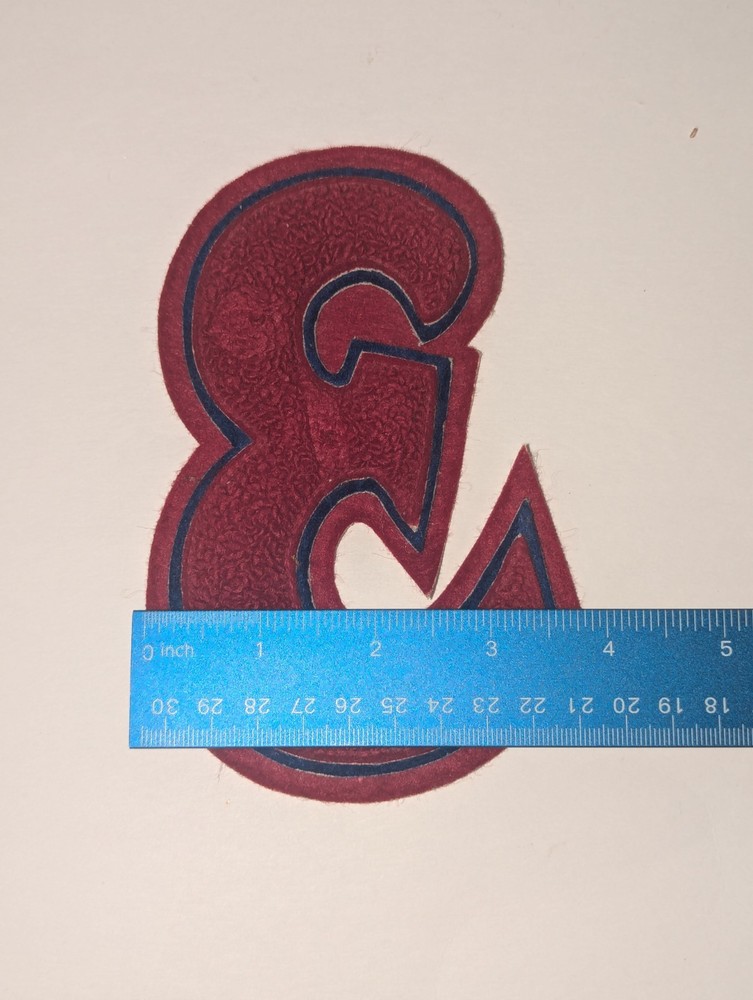 Vintage 80's "E" Script Varsity Letter Letterman Jacket Patch ~ Maroon w/Blue