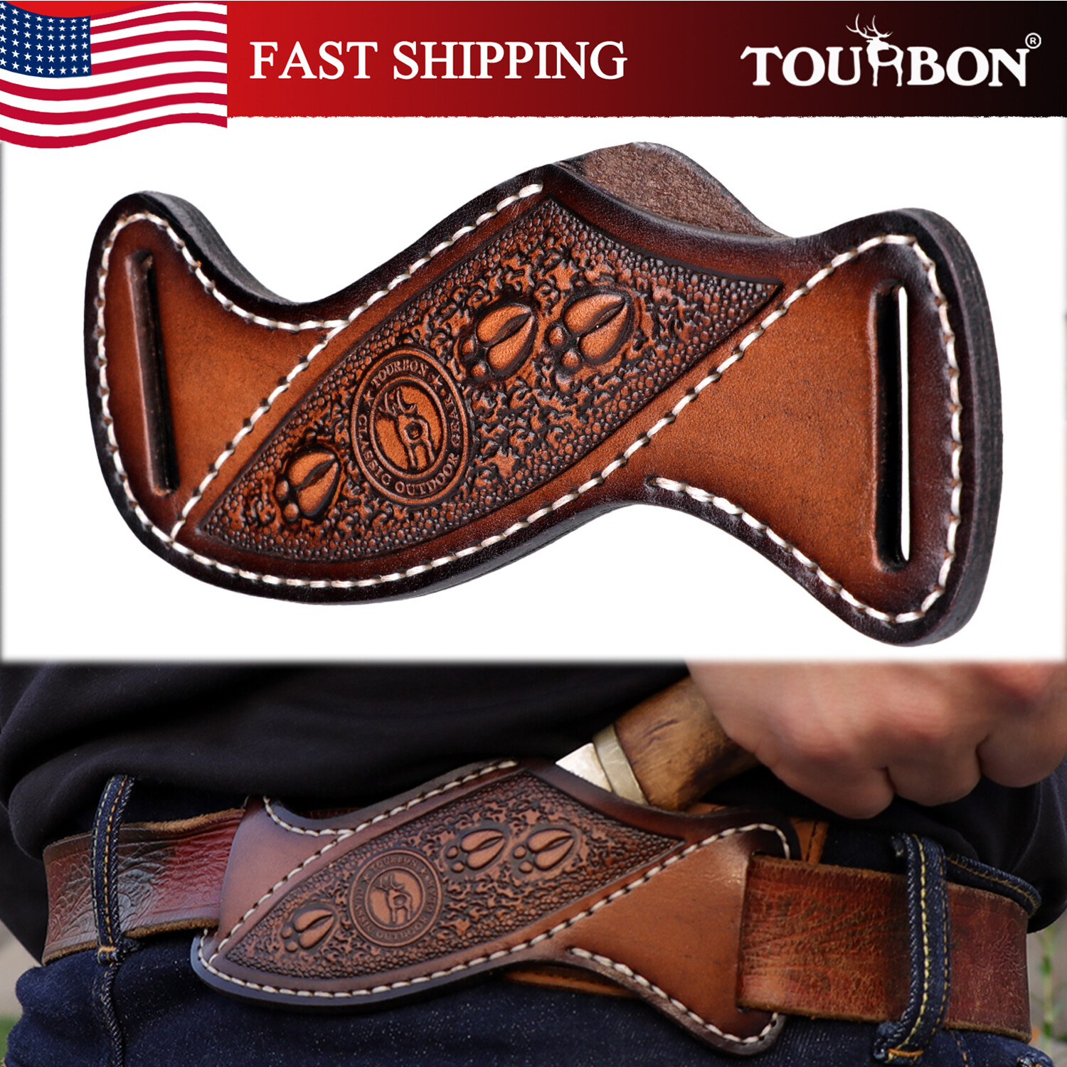 TOURBON Leather Fixed Blade Knife Sheath Slanted Pancake Belt Holster Hunting US