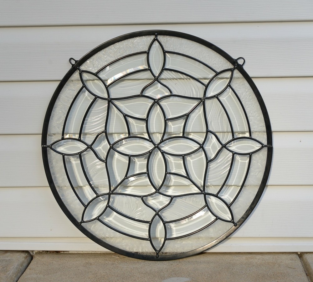 Handcrafted stained glass Clear Round Beveled window panel 21" Dia