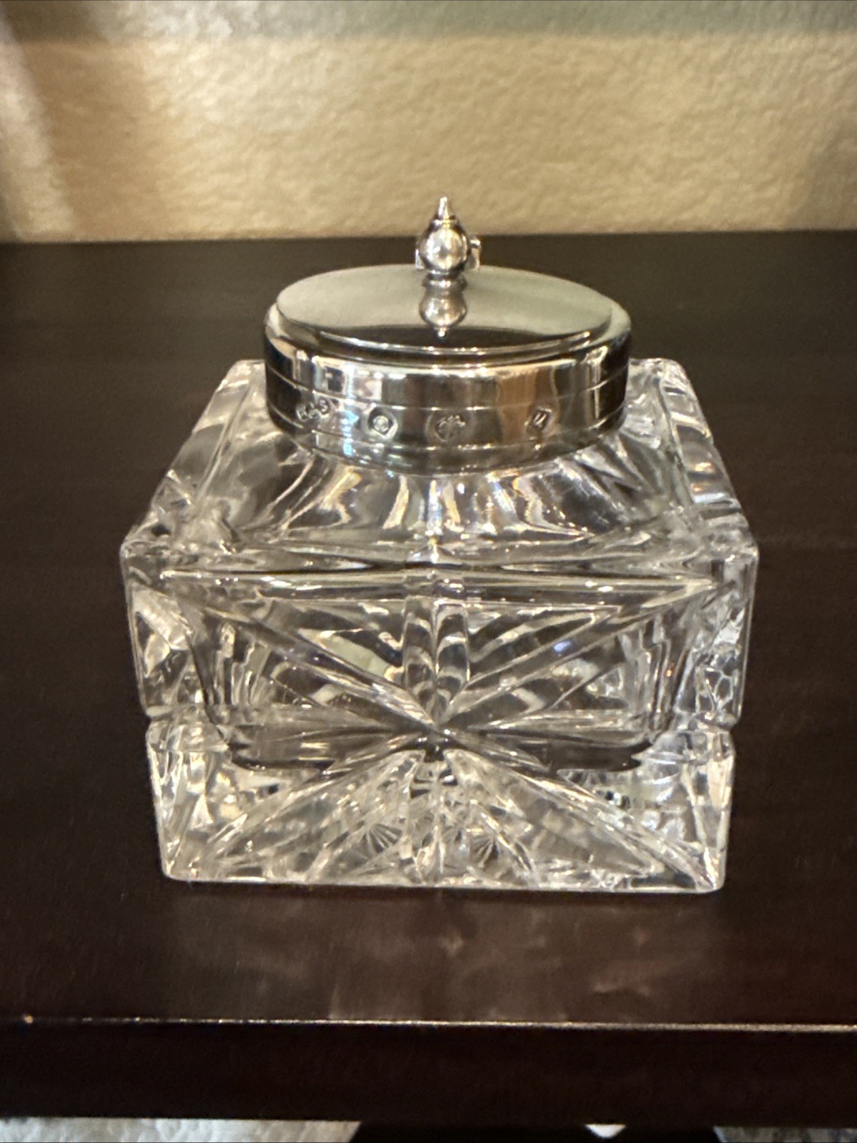 ENGLISH Cut CRYSTAL Inkwell With STERLING SILVER Collar And Lid  by R&S Ltd