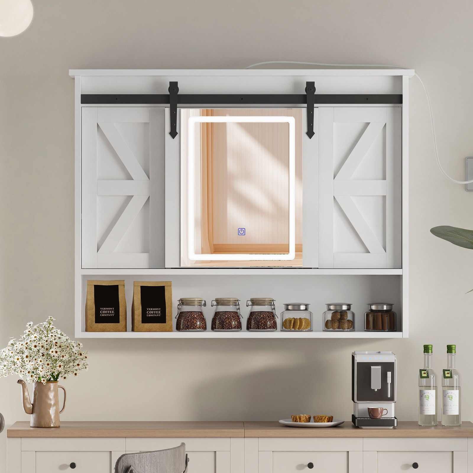 LED Medicine Cabinet Mirror Bathroom Wall Cabinet w/Lights and Sliding Barn Door
