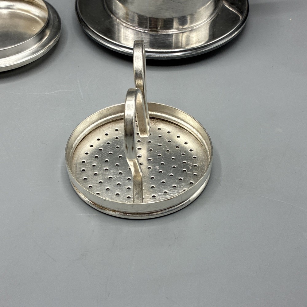Silver Plate Tea Strainer Press Cup Handle Lid 3pc Marked