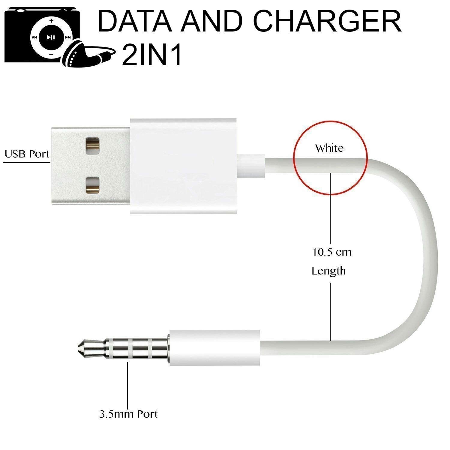 USB Charger Data SYNC Cable for Apple iPod Shuffle 3rd 4th 5th 6th 7th Gen 3.5mm