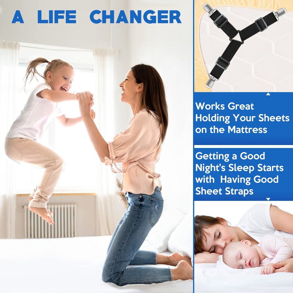Bed Sheet Straps, 3 Adjustable Bands, Keep Sheets Tight, Secure Fit