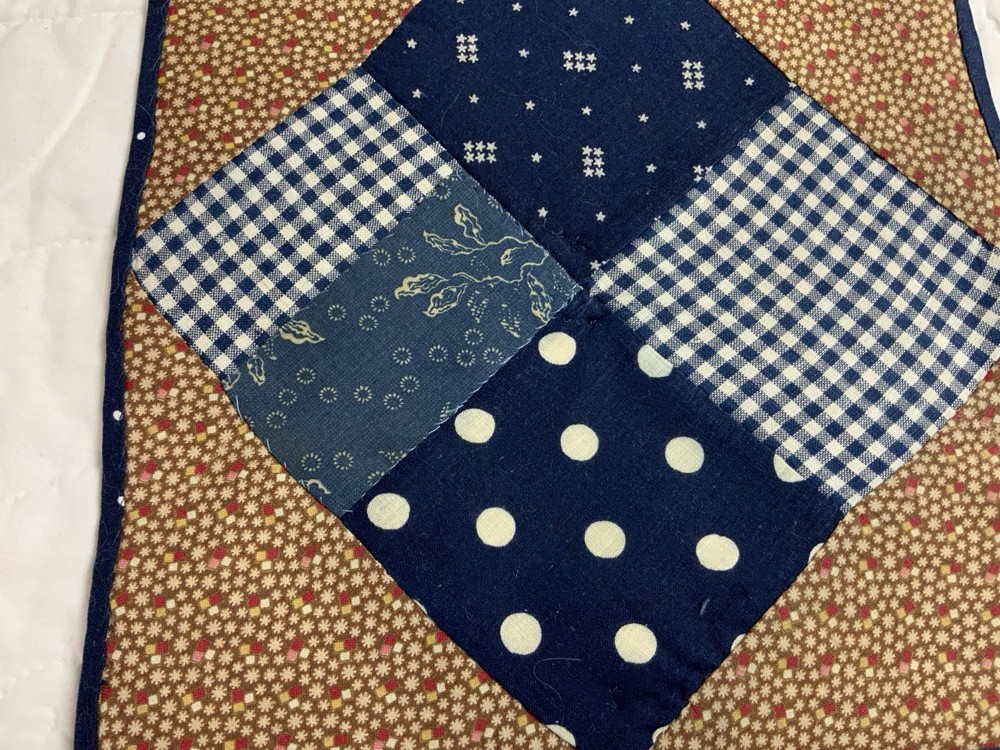Antique Patchwork Quilt Table Topper, Four Patch, Early Calicos, Brown, Navy