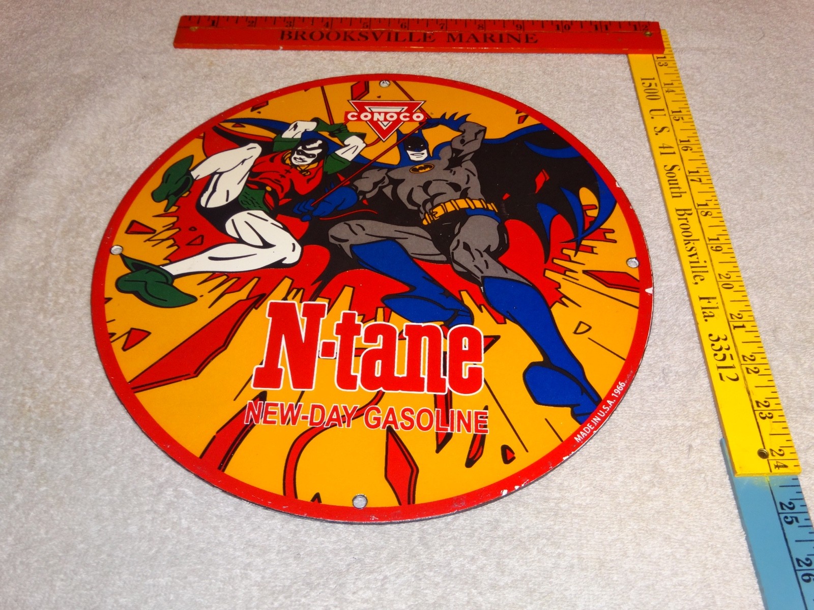 VINTAGE 1966 CONOCO GASOLINE W/ BATMAN & ROBIN 11 3/4" PORCELAIN METAL OIL SIGN!