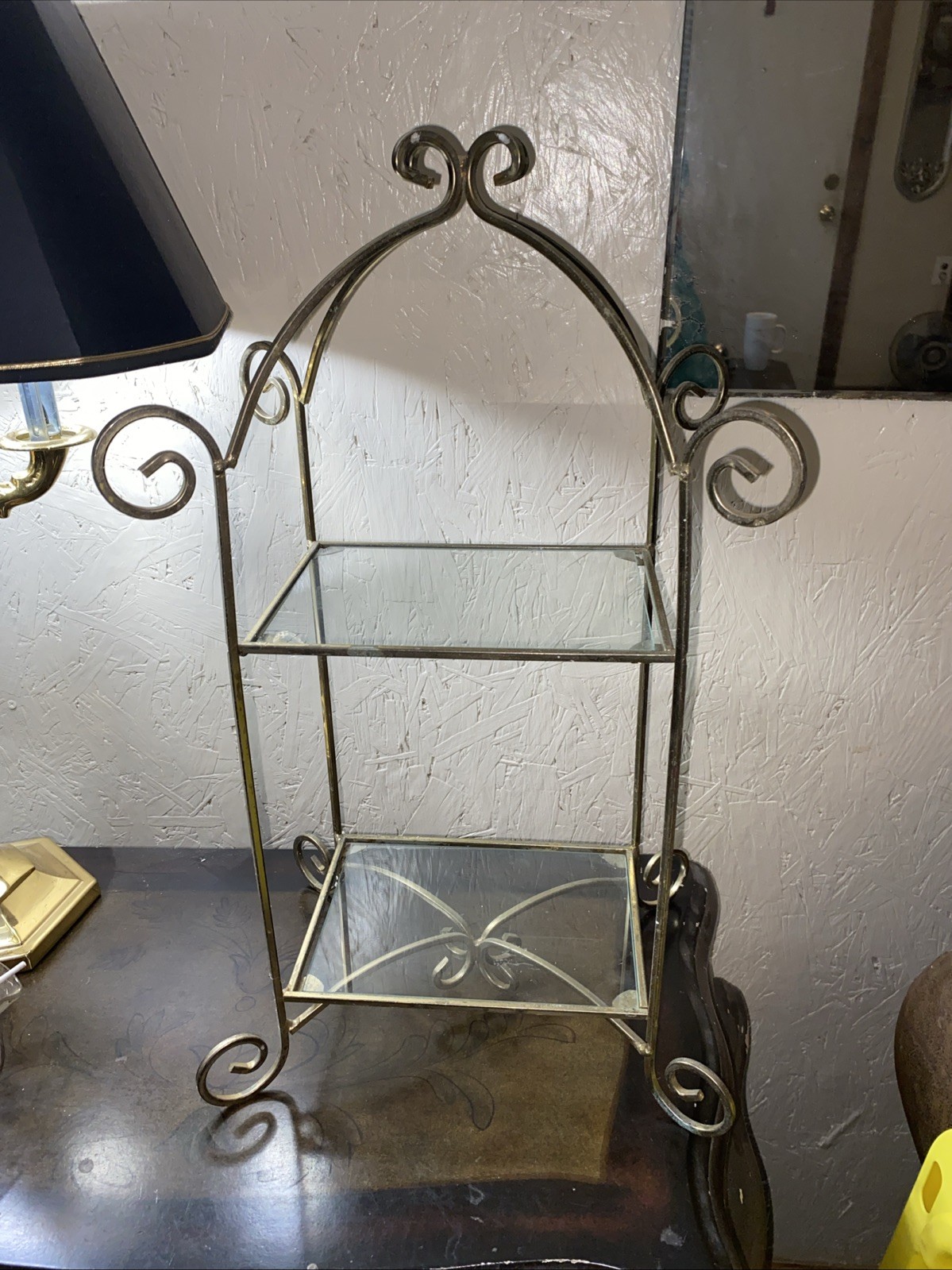Vintage Two Tiered  Shelf Brass Metal Frame With Two Glass Shelves Free Standing