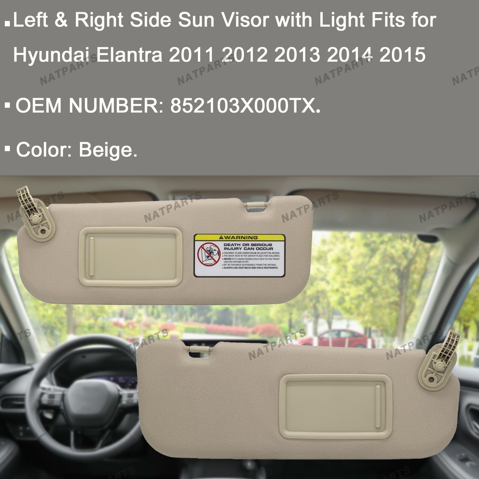 Pair Beige Side Sun Visor for 2011-2015 Hyundai Elantra 852103X000TX