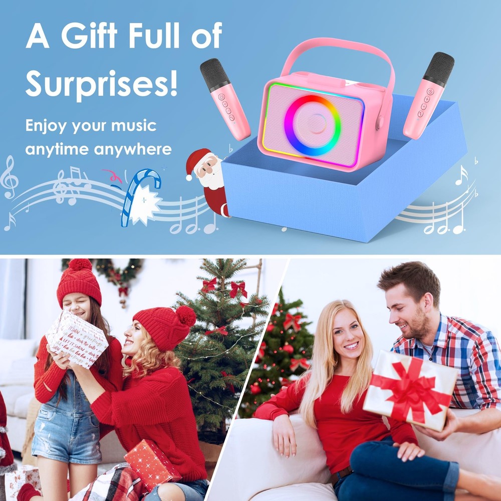 Karaoke Machine,Portable Bluetooth Speaker with 2 Wireless Microphone Pink