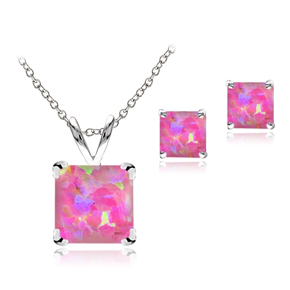 925 Silver 2ct Created Pink Opal Square Solitaire Pendant & Stud Earring Set