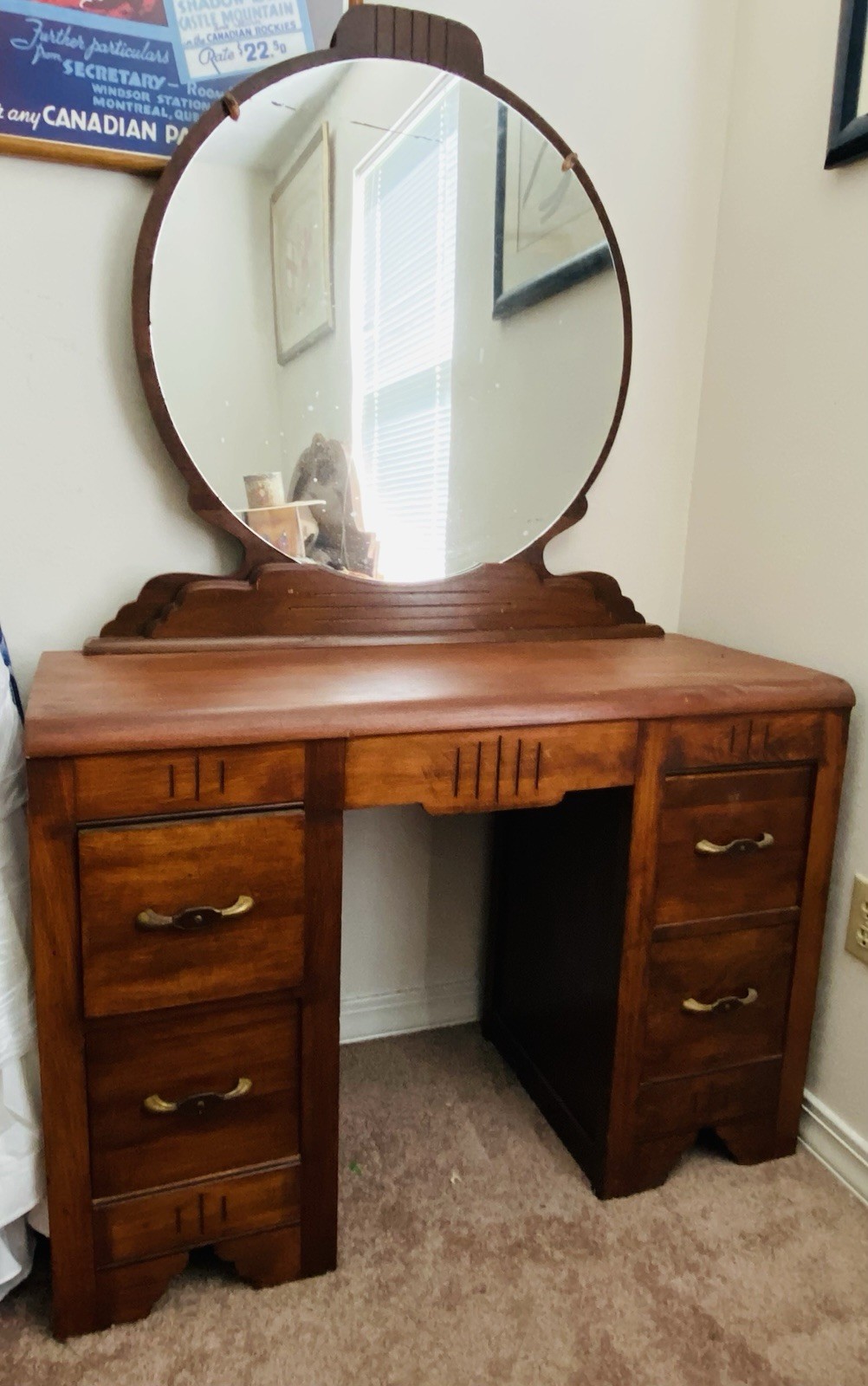 ANTIQUE 1920s Art Deco Waterfall? Oak Vanity Makeup Table With Drawer