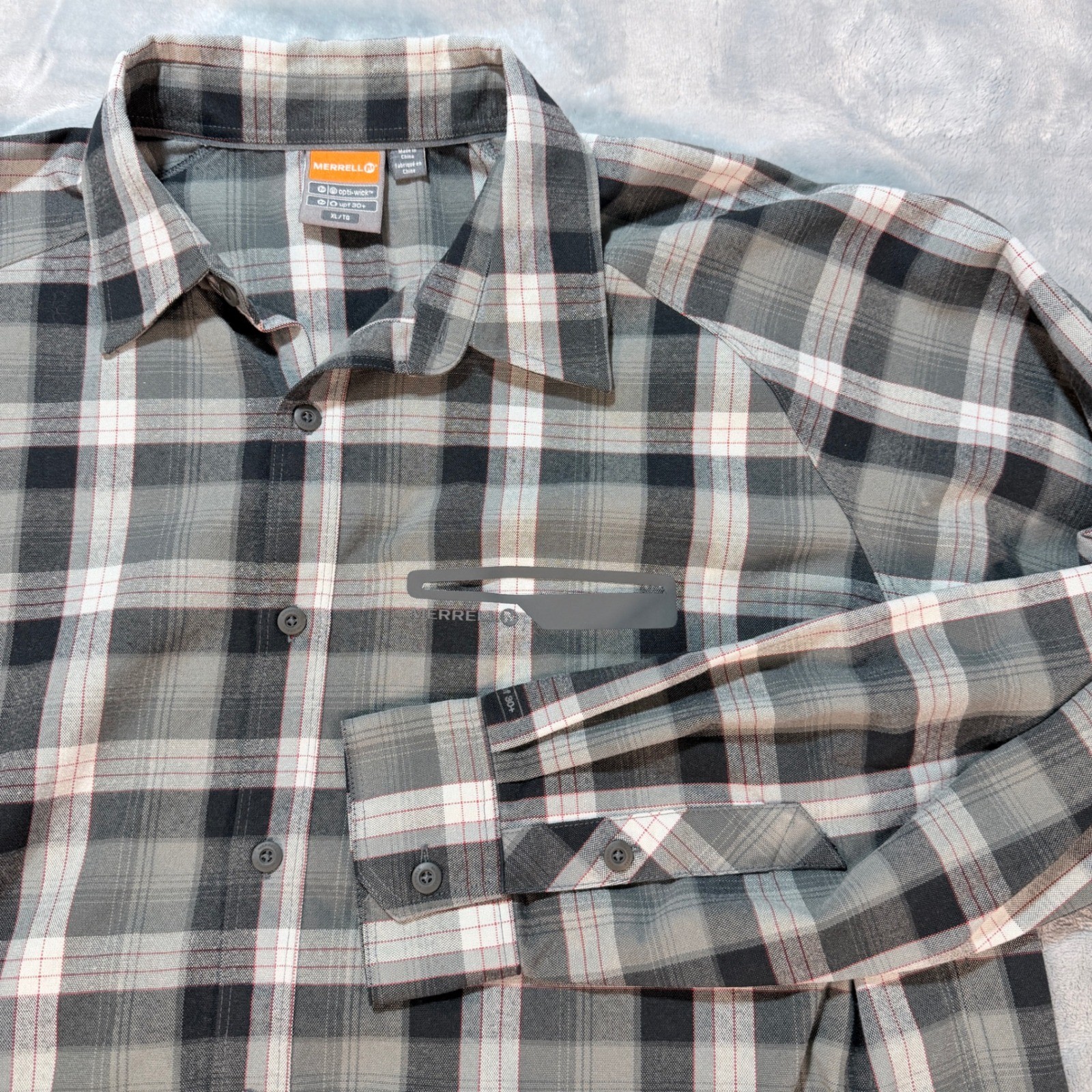 Merrell Plaid Long Sleeve Button Up Hiking Shirt XL Opti-Wick UPF 30+ Outdoor