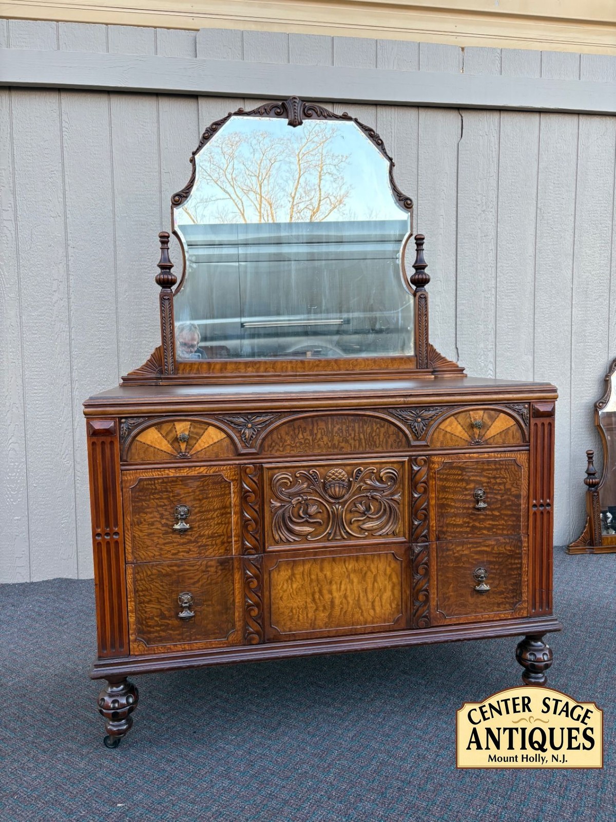 67477  Exquisite Walnut Dresser with Mirror, Art Deco Style, 1930s