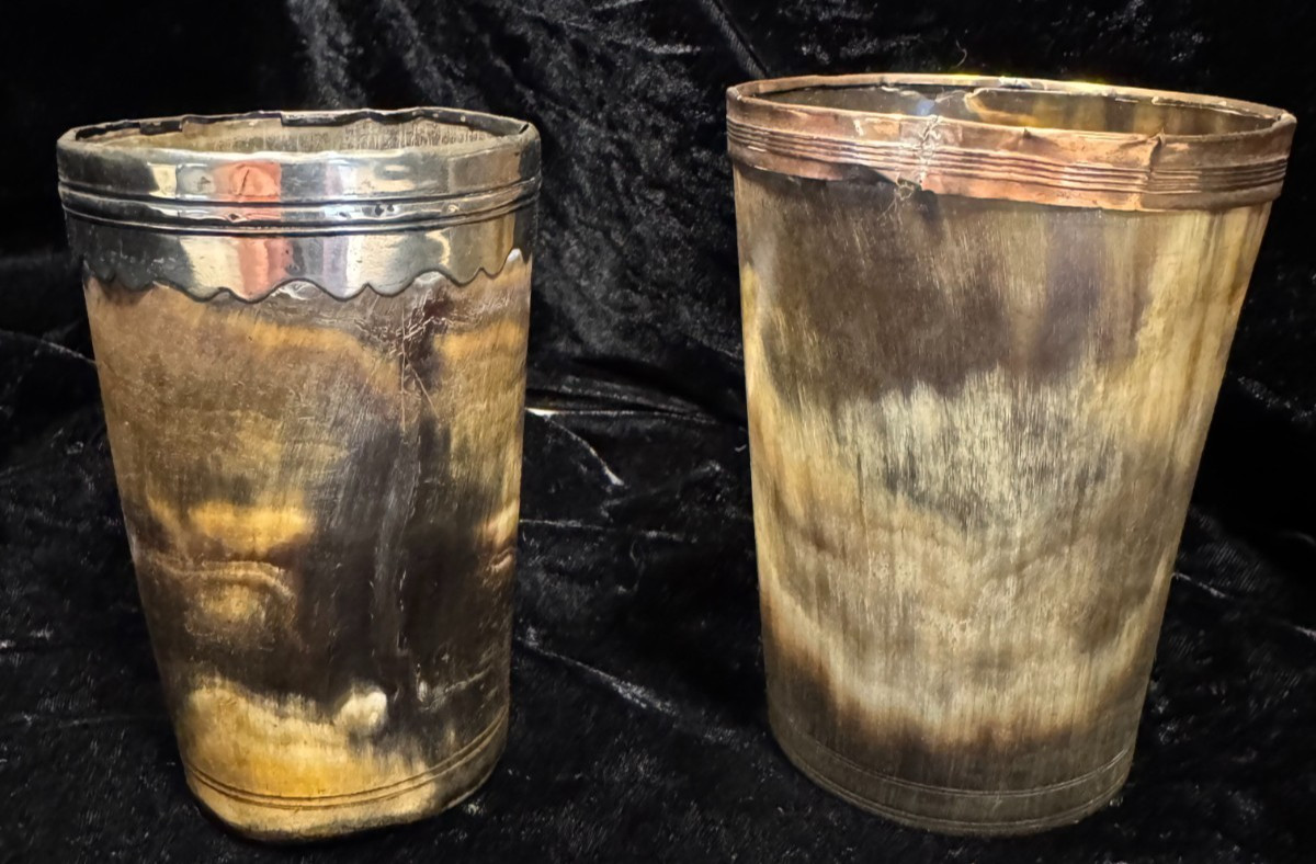 2 GEORGIAN COPPER/GOLD & SILVER RIMMED CUPS BANDED BASES GREAT CONDITION