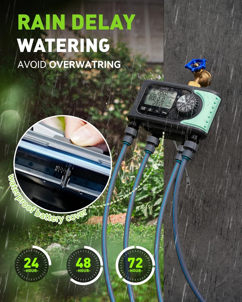RAINPOINT Sprinkler Timer, 4 Outlets Hose Timer with Brass Inlet with Rain Delay