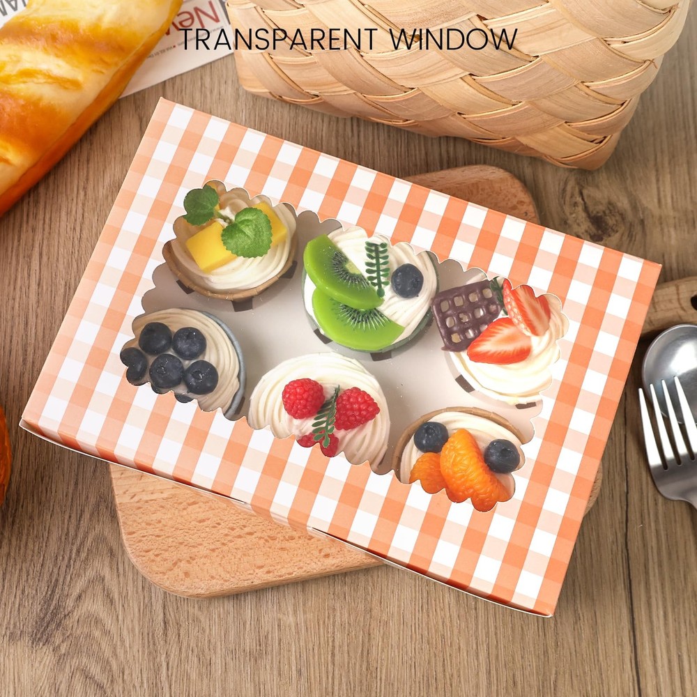 6 Count Cupcake Boxes, 15PCS 9.5"x6.3"x3" Cupcake Container with Window Boxes...