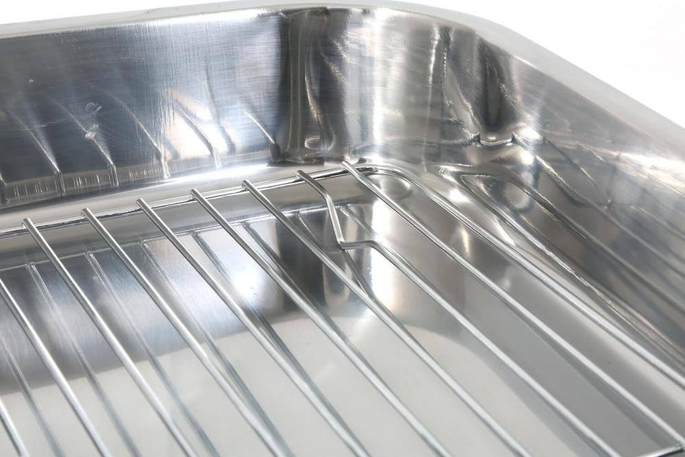 New Rectangular Baking Roasting Pan Rack Serving Dish, Polished Stainless Steel