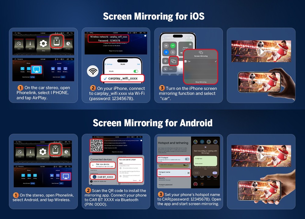 Single 1 DIN 6.36" Touchscreen Stereo Wireless CarPlay Android Auto w/ Bluetooth