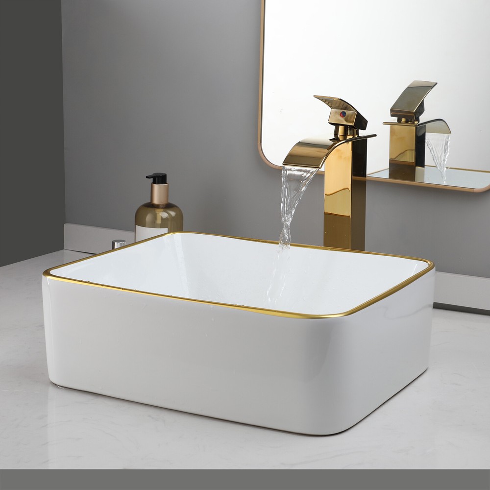 White&Gold Bathroom Sink Rectangular Ceramic Basin Mixer Waterfall Tap Set Drain