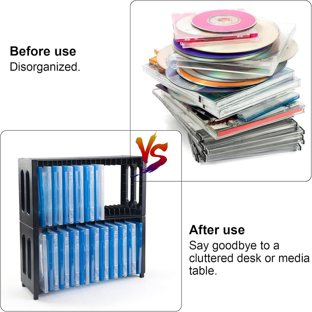 DVD Storage Rack, Upgrade 2 Pack Stackable ABS DVD Storage Organizer Can Hold 40