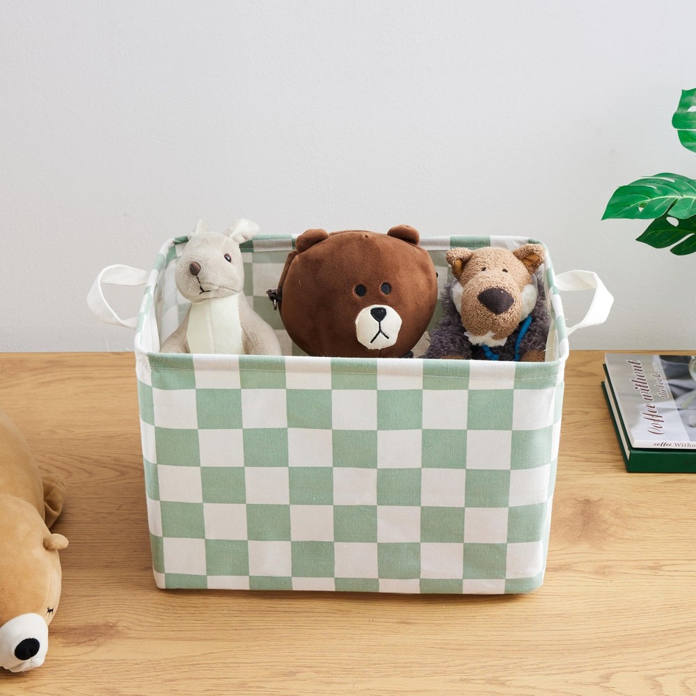 Sage Green Checkered Canvas Basket, Rectangular Organizing Decorative Storage...