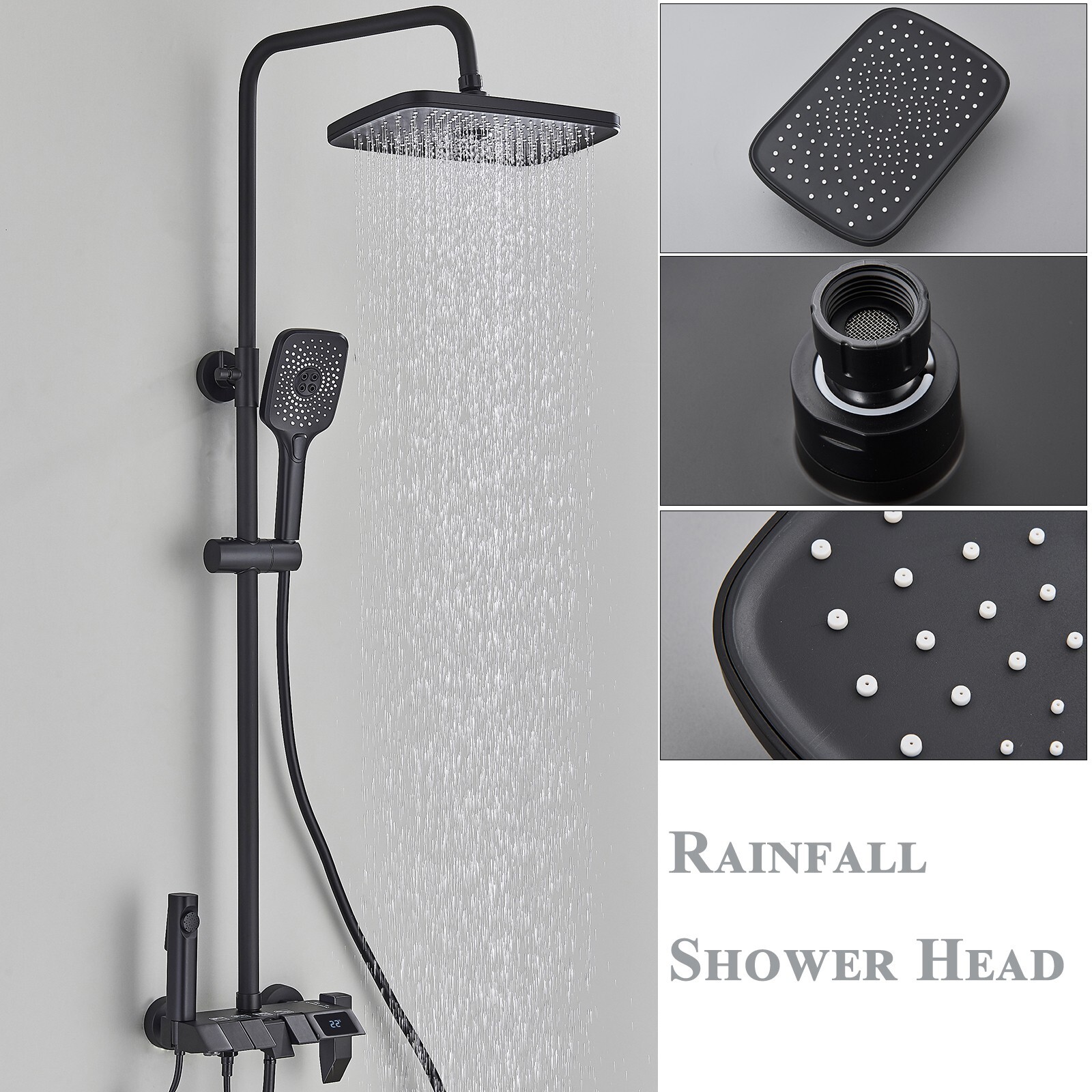 Black Bathroom Rainfall Shower Faucet Set Exposed Shower System with Mixer Valve