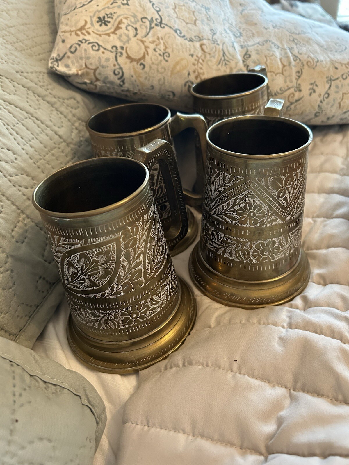 Set Of Four Vintage Hand Etched Copper/Brass Beer Mugs Glass Bases - Pakistan