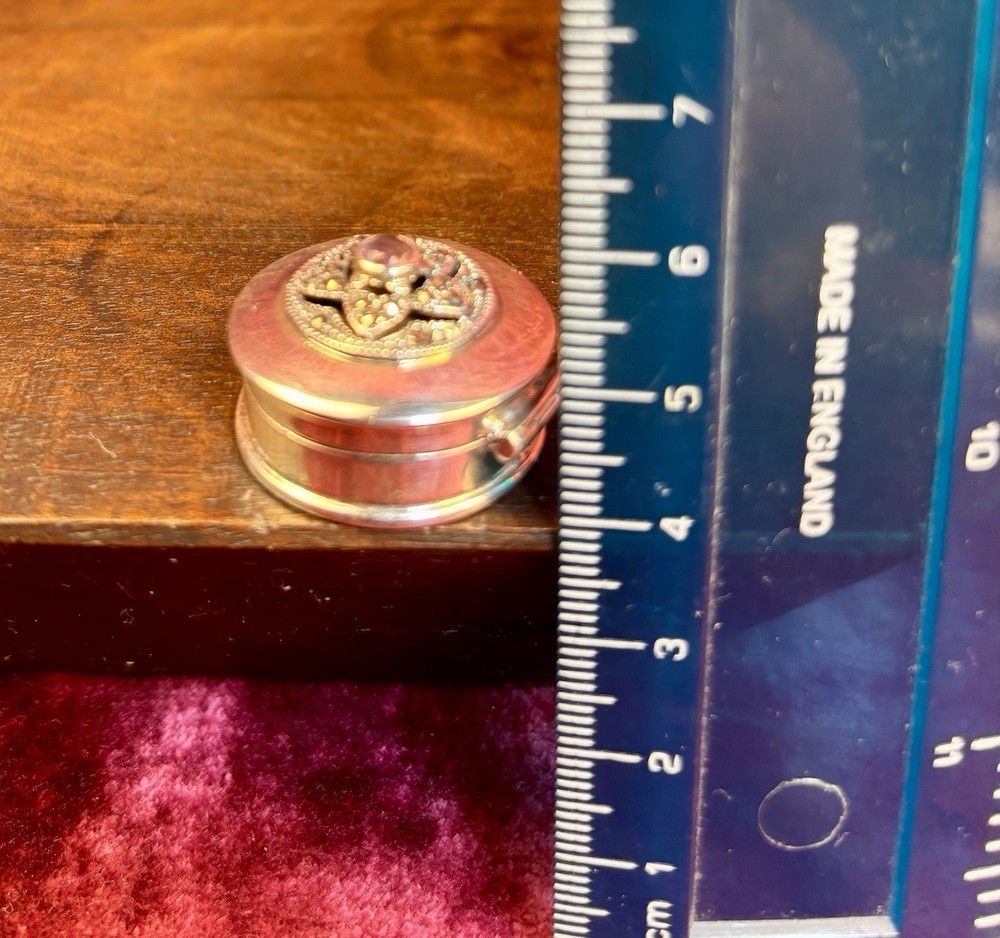 A Pretty London Hallmarked Solid Silver Pill Box Set With Marcasite & Amethyst.