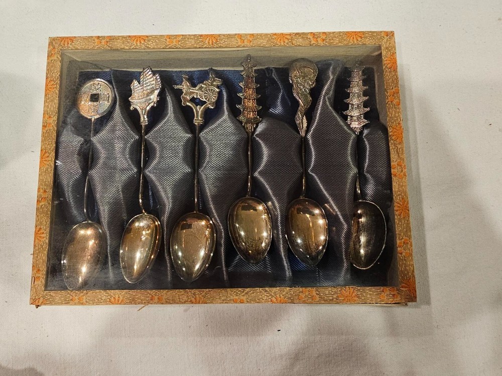 Vintage Silverplate  Chinese Asian Theme Demitasse Spoons 4 1/4" Set Of 6 w/ Box