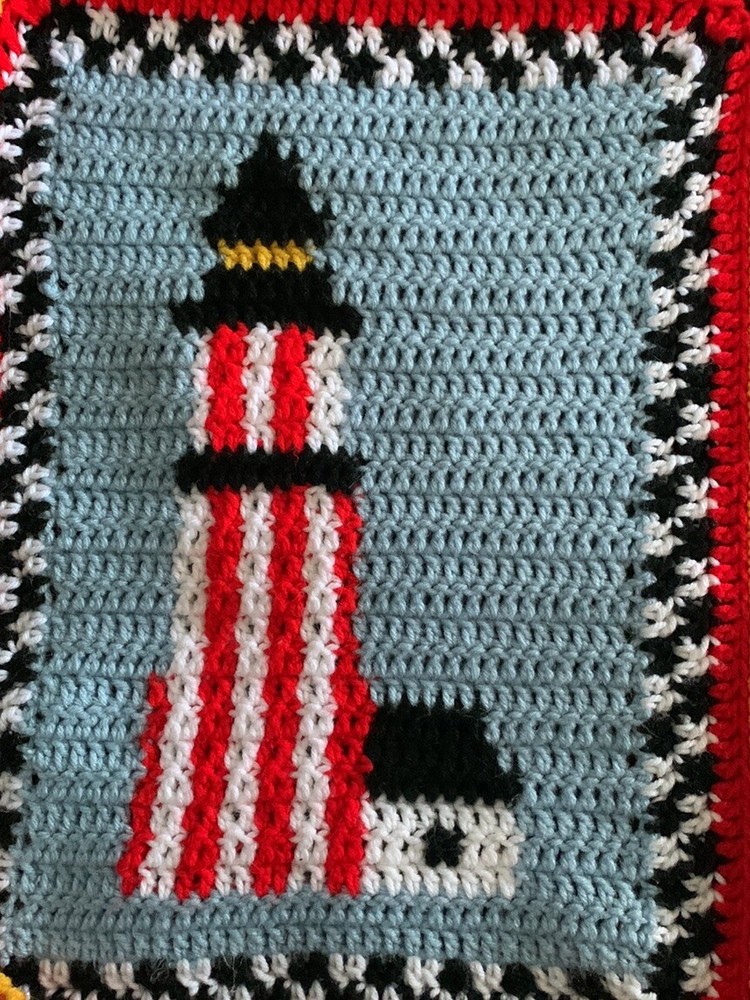 Handmade Nautical Theme Multicolored Lighthouse Patten Crochet Throw Blanket